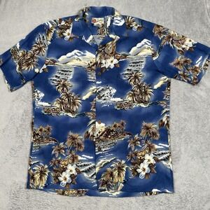 Vintage Hilo Hattie Multicolor Hibiscus Orchid Guitar Hawaiian Aloha Shirt Large